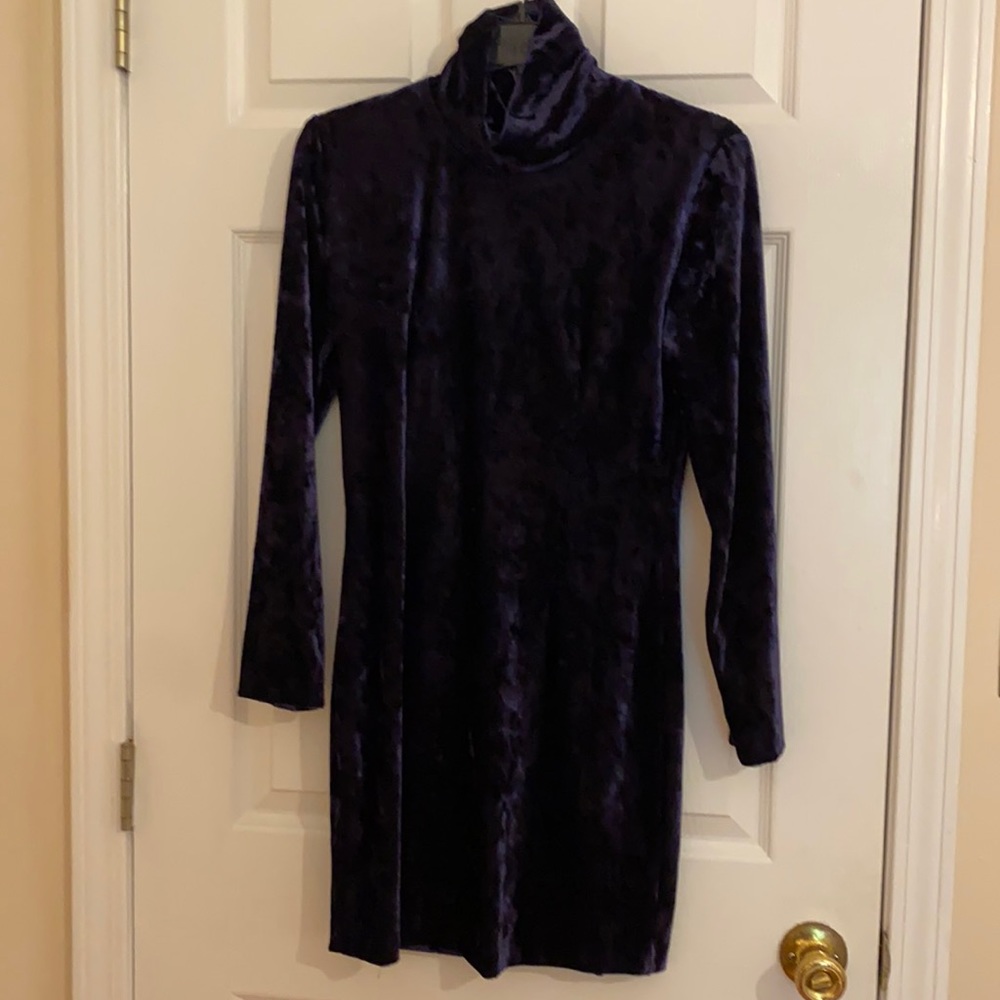 Blue Crushed Satin Mock Neck Dress